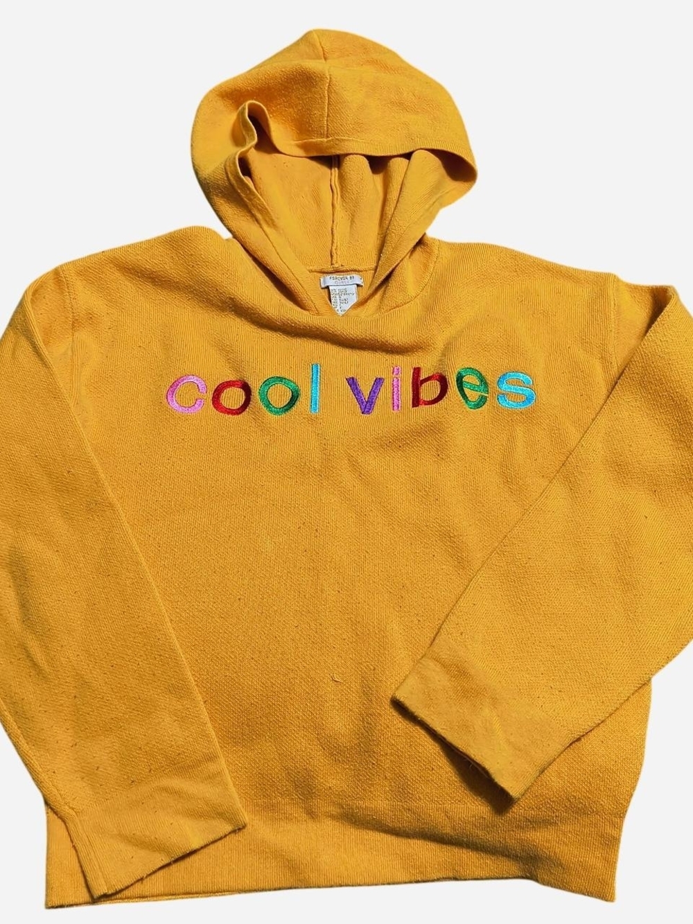 Forever 21 Yellow Hoodie Sweater with Multicolor 'cool vibes' Embroidery